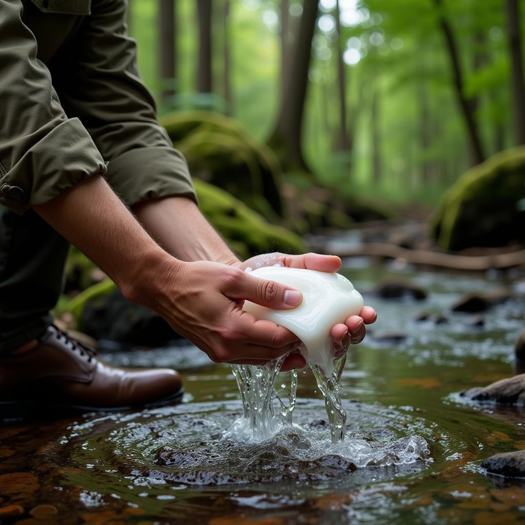 Hunter washing hands with scent-free soap in forest