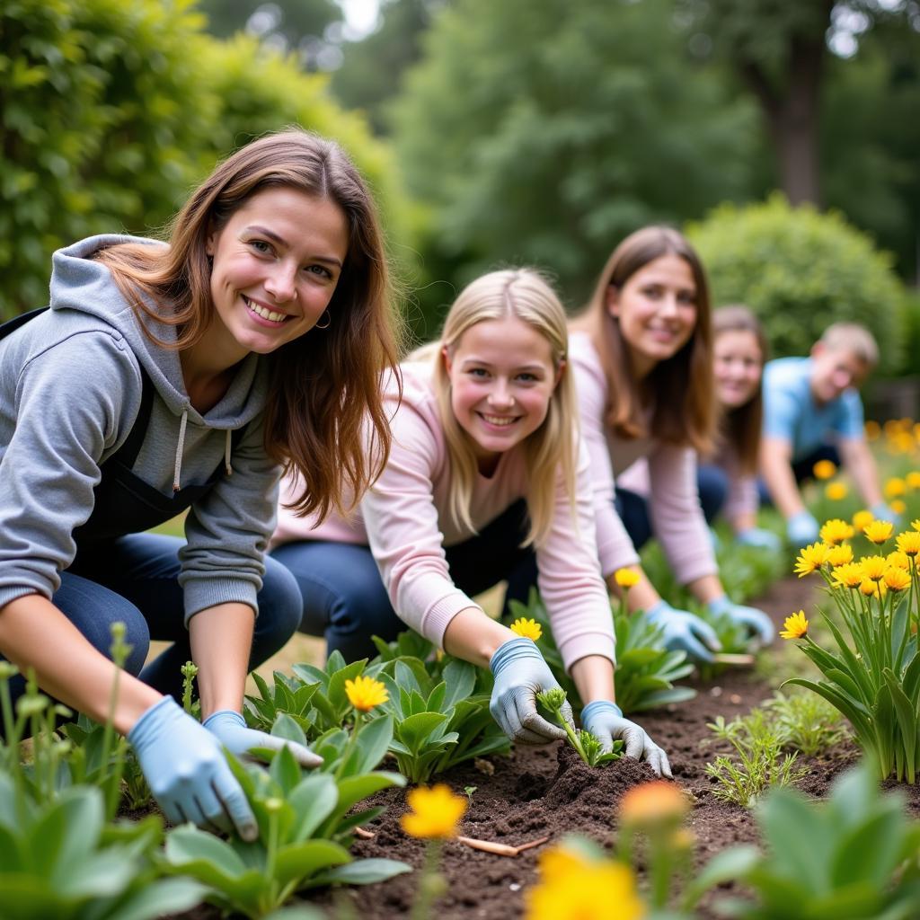 A group of volunteers tending to the gardens, highlighting community involvement.