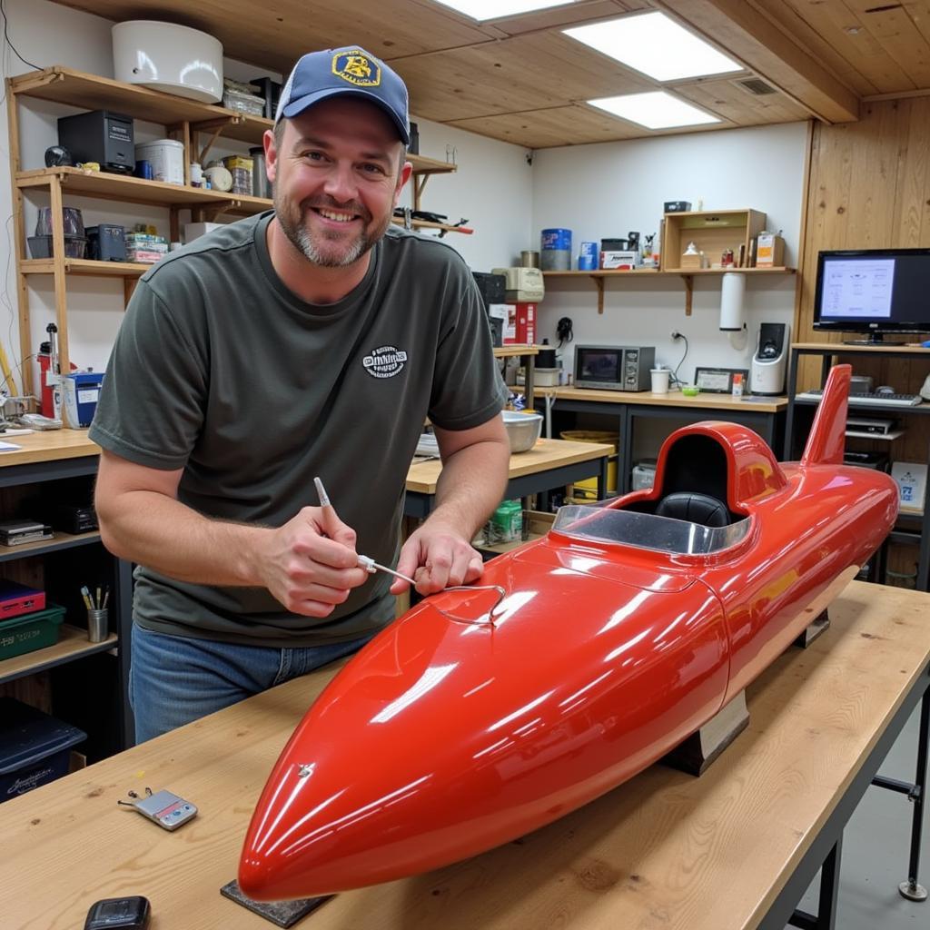  A sleek, finished hydroplane boat speeding across a lake, leaving a trail of white water in its wake.