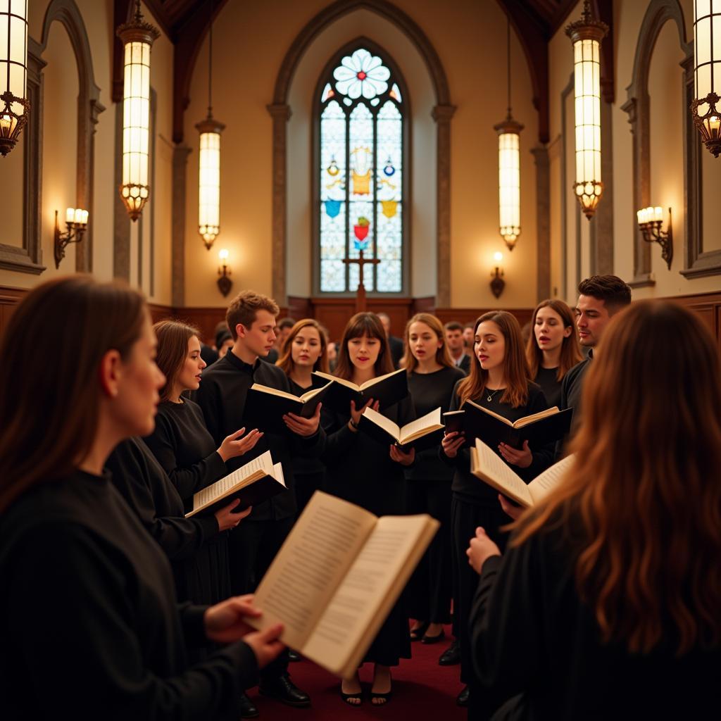 A choir singing "In the Bleak Midwinter" during a Christmas concert. 