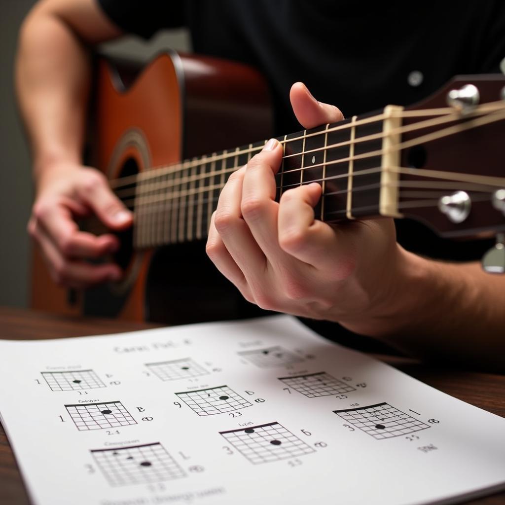 A person playing "In the Bleak Midwinter" on guitar, using a free chord sheet. 