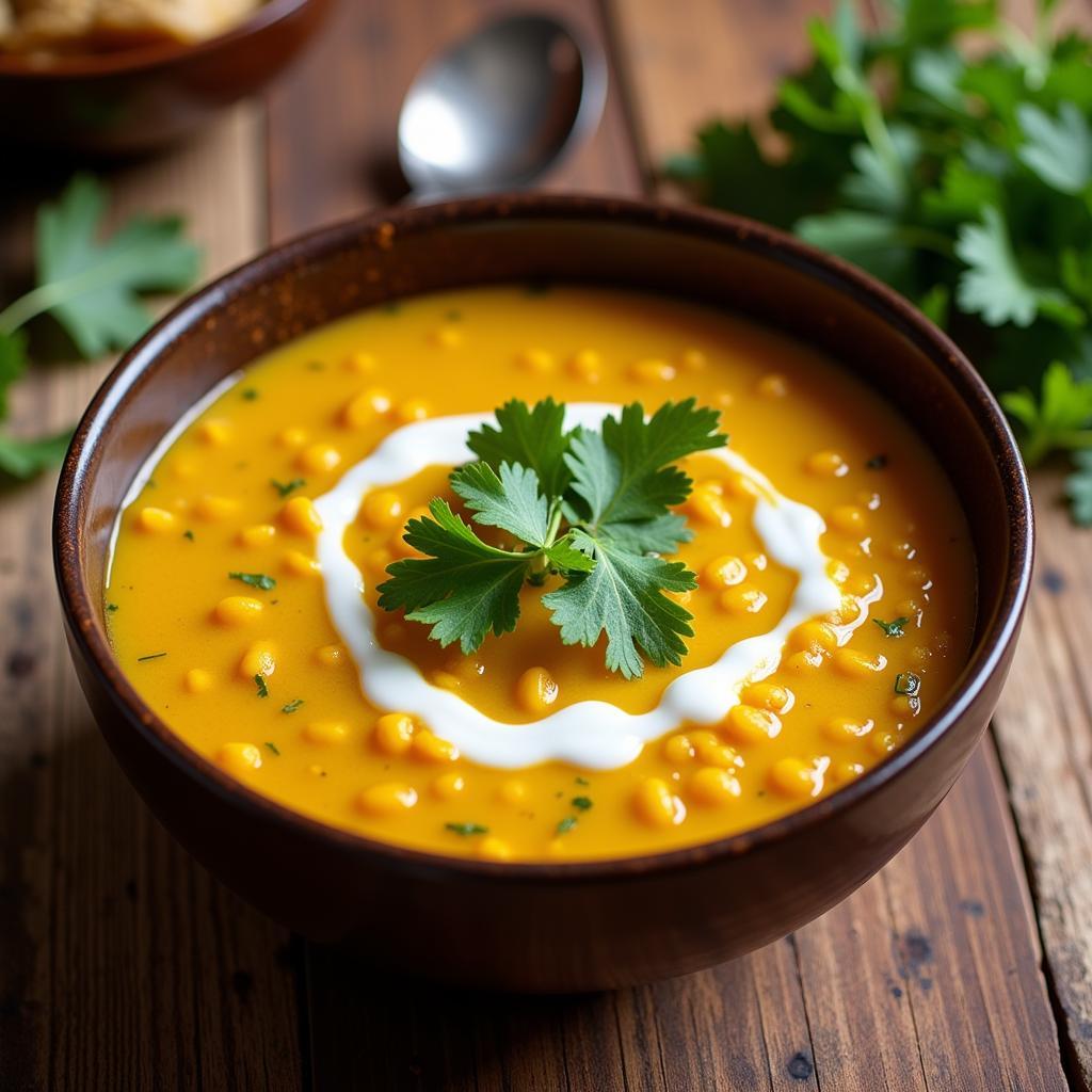 Steaming bowl of Indian lentil soup seasoned with asafoetida