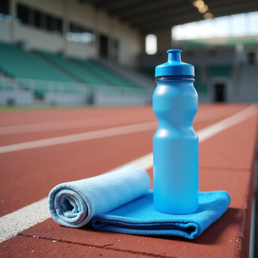 Water bottle and towel on the edge of an indoor track