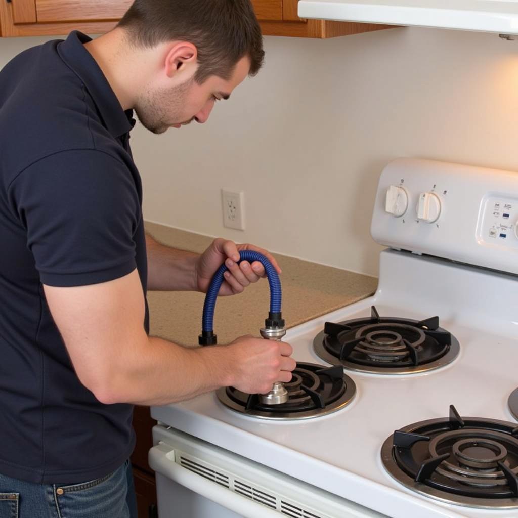 Plumber Installing a Whistle-Free Flex Gas Line on a Stove