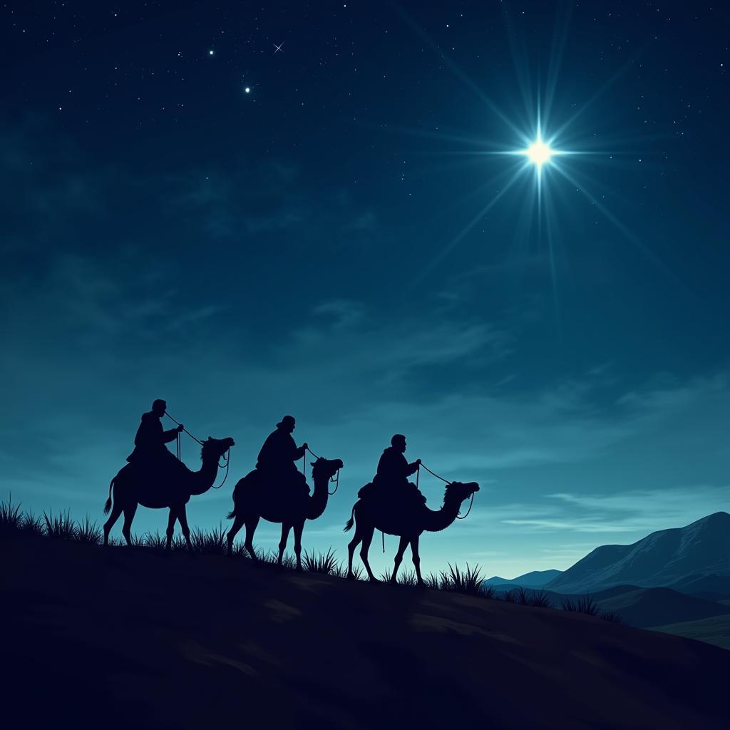 A coloring page featuring the three wise men following the star to Bethlehem