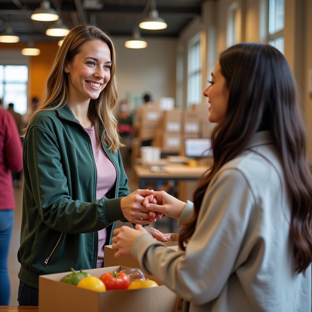 Volunteer handing food to a grateful recipient