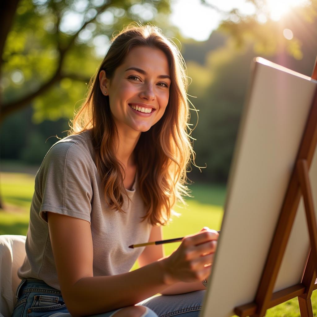 Woman smiling while painting