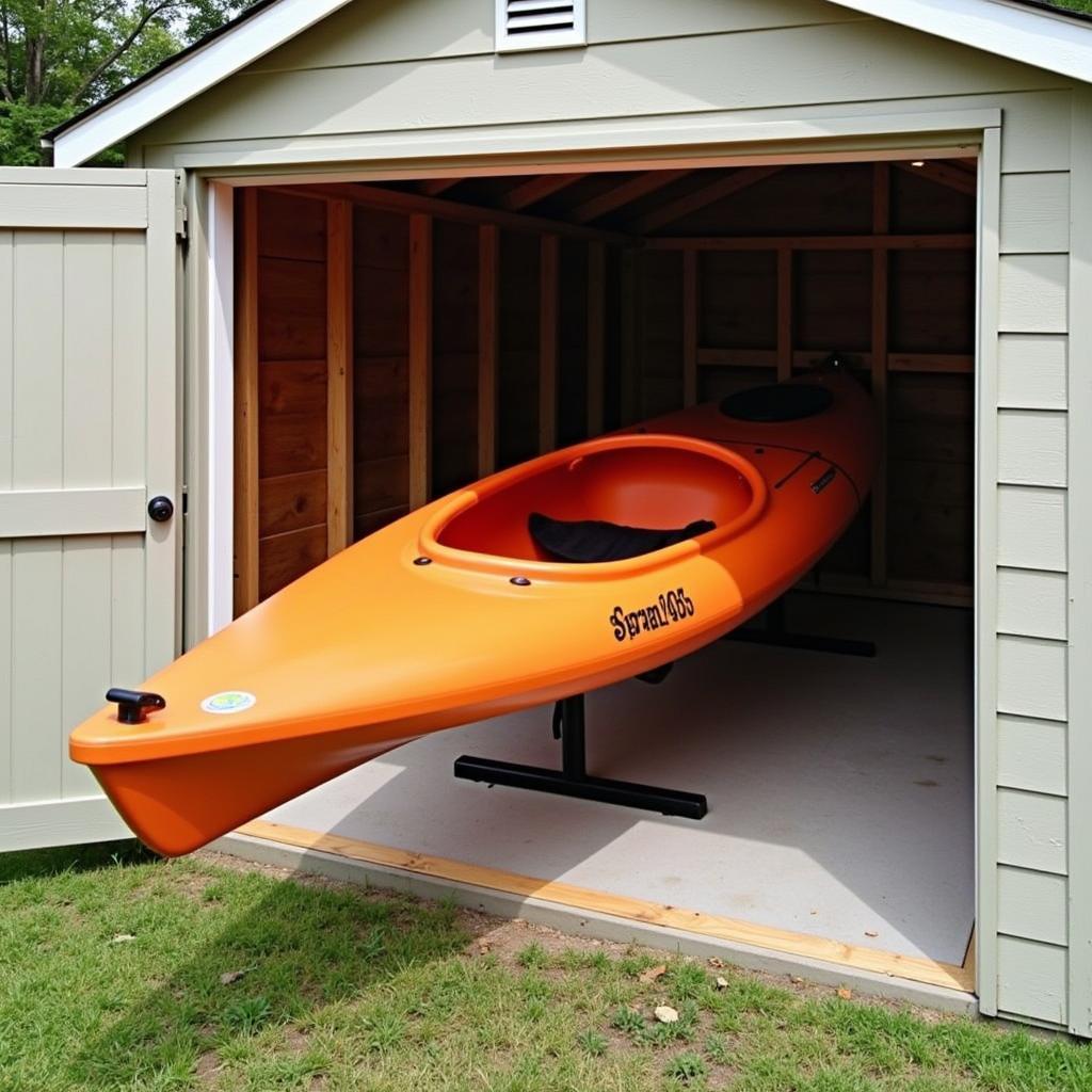 Kayak stored on a free-standing rack in a shed