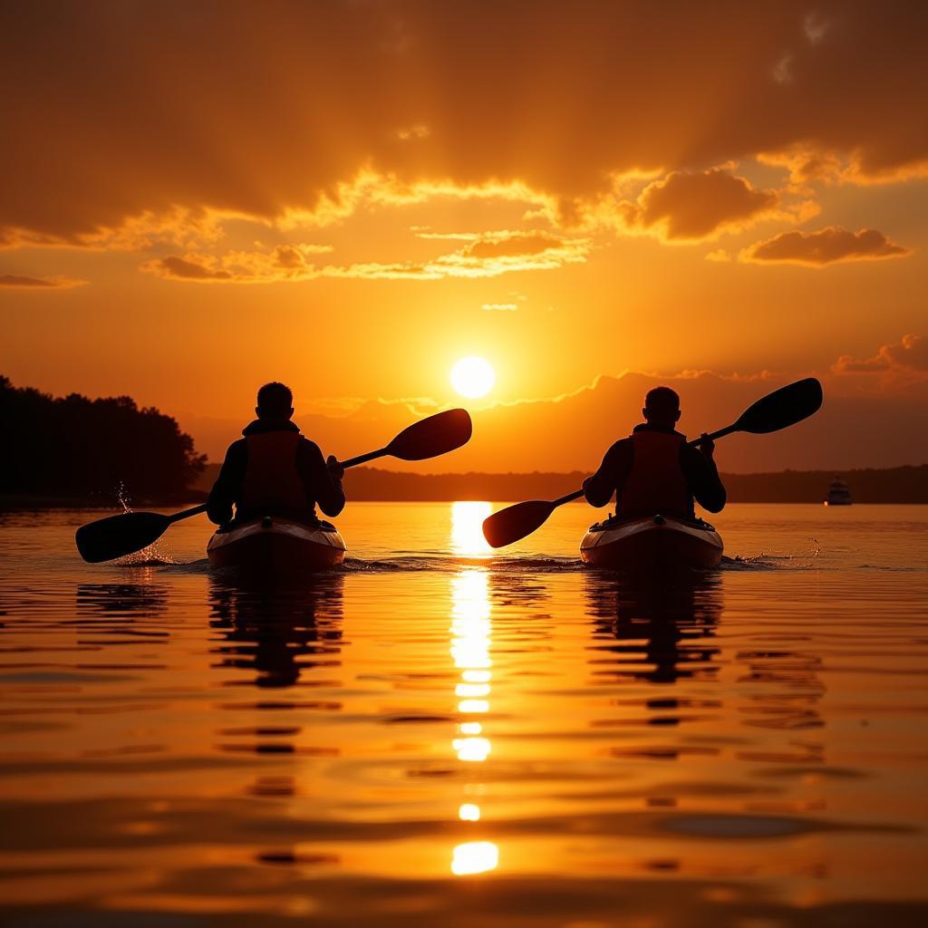 Two kayakers paddling on a calm lake during sunset