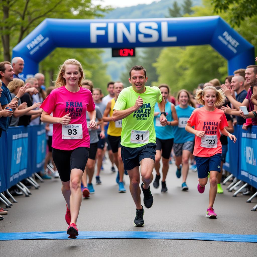 Runners crossing the finish line at the Kennebunk Free Library 5k