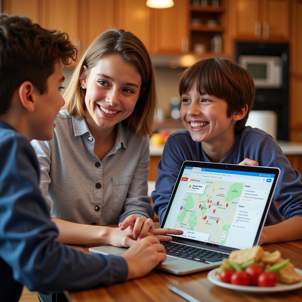 Family using a laptop to search for kids eat free deals in Kennesaw