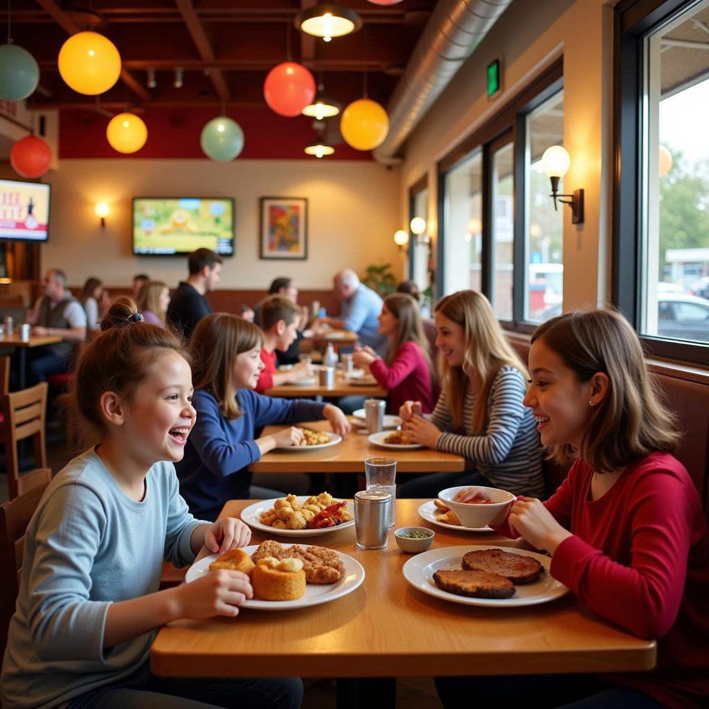 Families dining at a restaurant in Marietta GA with a "kids eat free" promotion