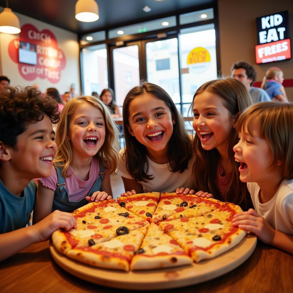 Kids enjoying free pizza at a Houston restaurant