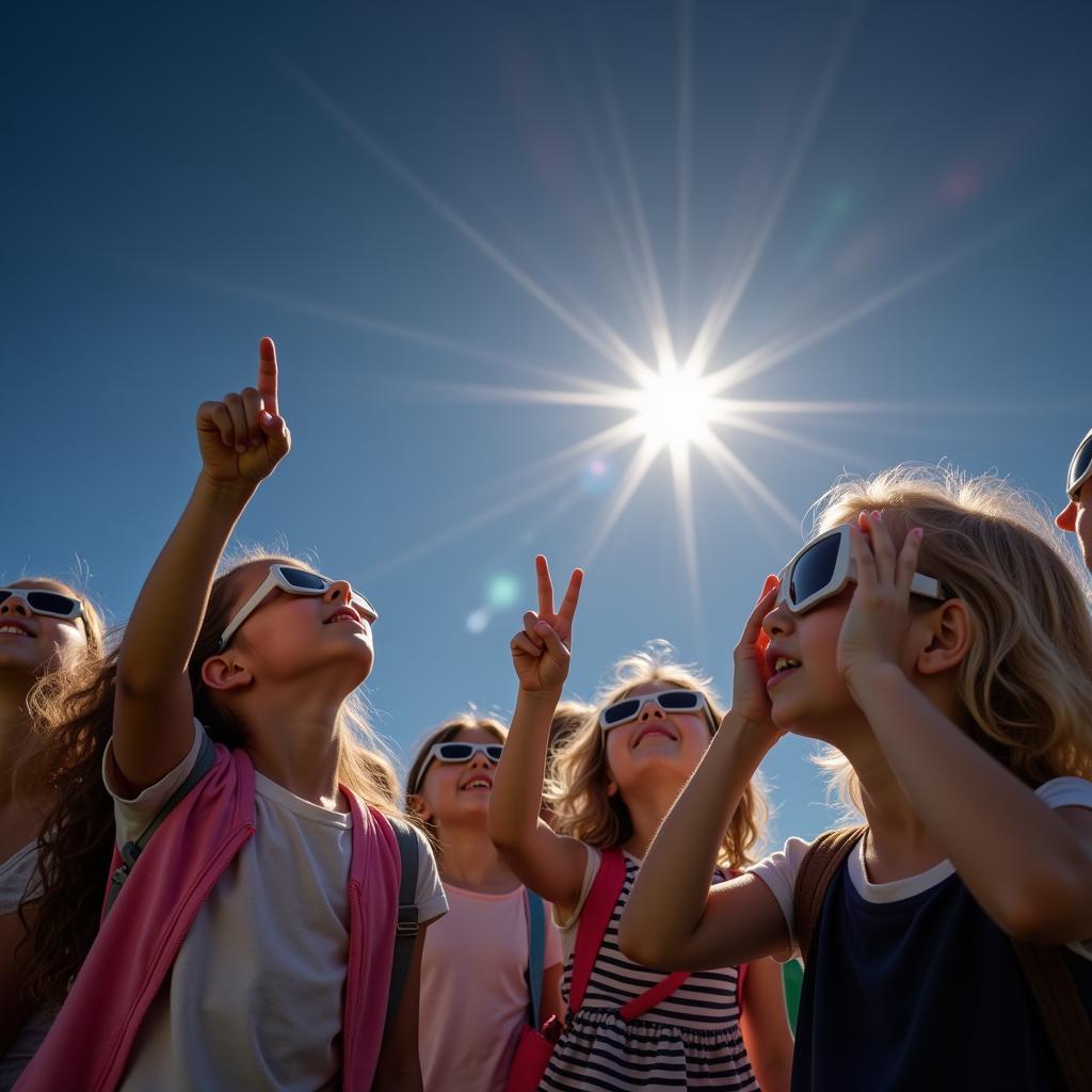 Children Observing a Solar Eclipse with Protective Glasses