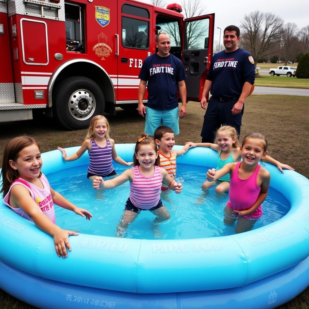 Children playing safely in a fire department fill pool