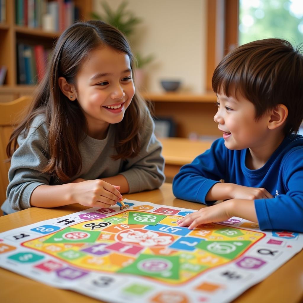 Two children playing a board game with multiplication problems