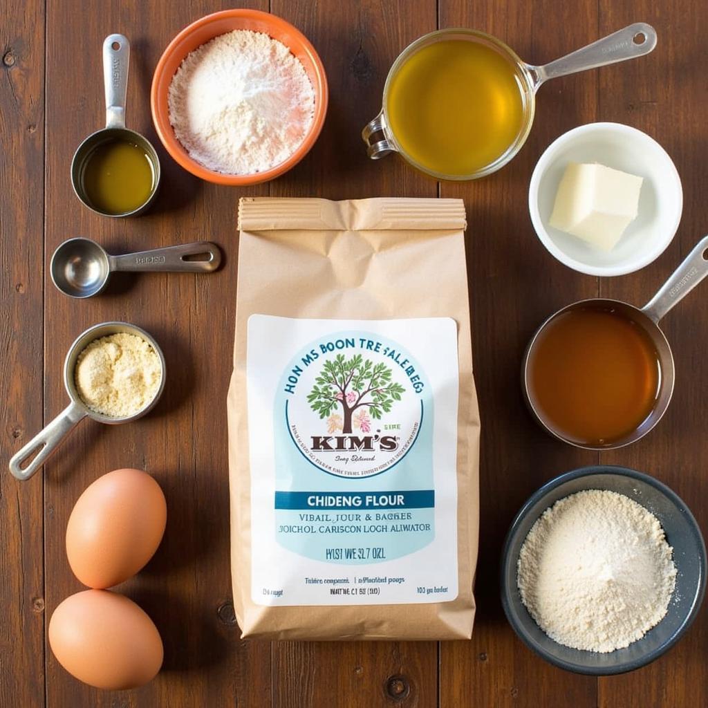 A variety of ingredients laid out for baking with Kim's Gluten Free Bread Flour Blend