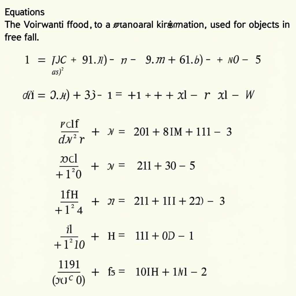 Table of key kinematic equations used in free fall problems