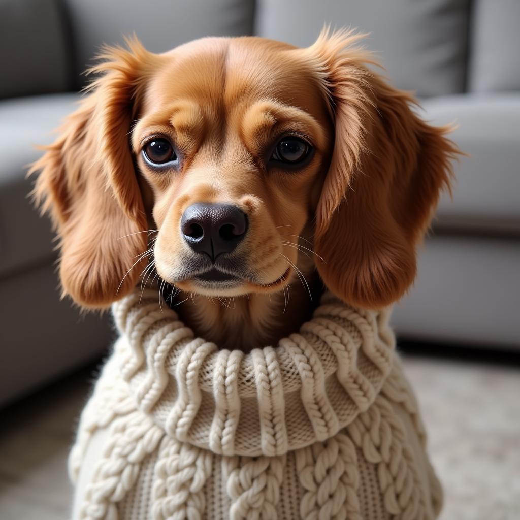 A brown and white dog wearing a knitted sweater with a cable pattern