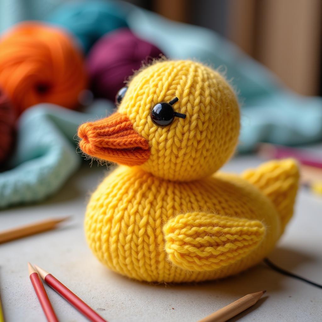 A knitted duck with knitting needles and yarn