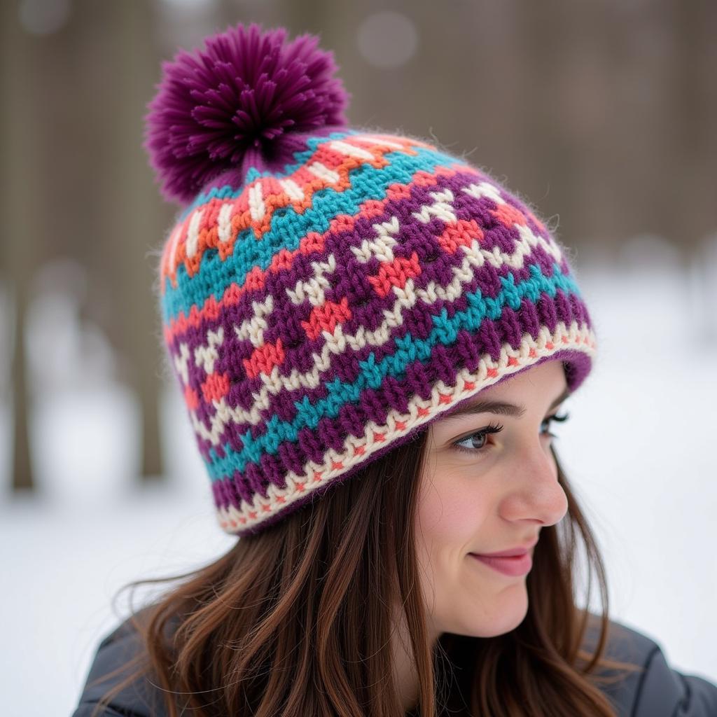 A finished knitted Fair Isle hat with a fluffy pompom.