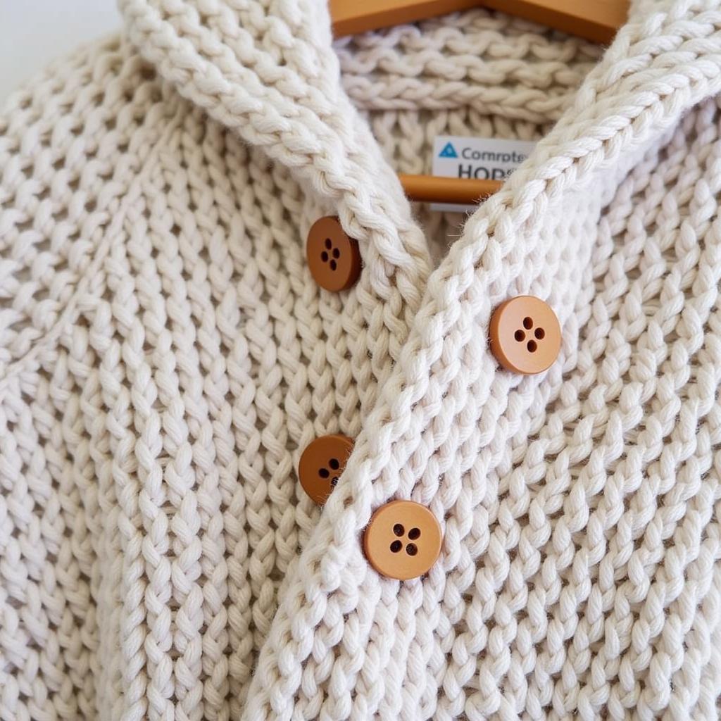 A close-up shot of a knitted hooded cowl featuring wooden buttons, emphasizing the added functionality and style they provide.