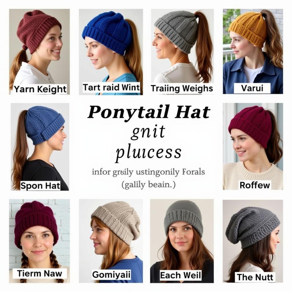 Various knitted ponytail hat patterns displayed