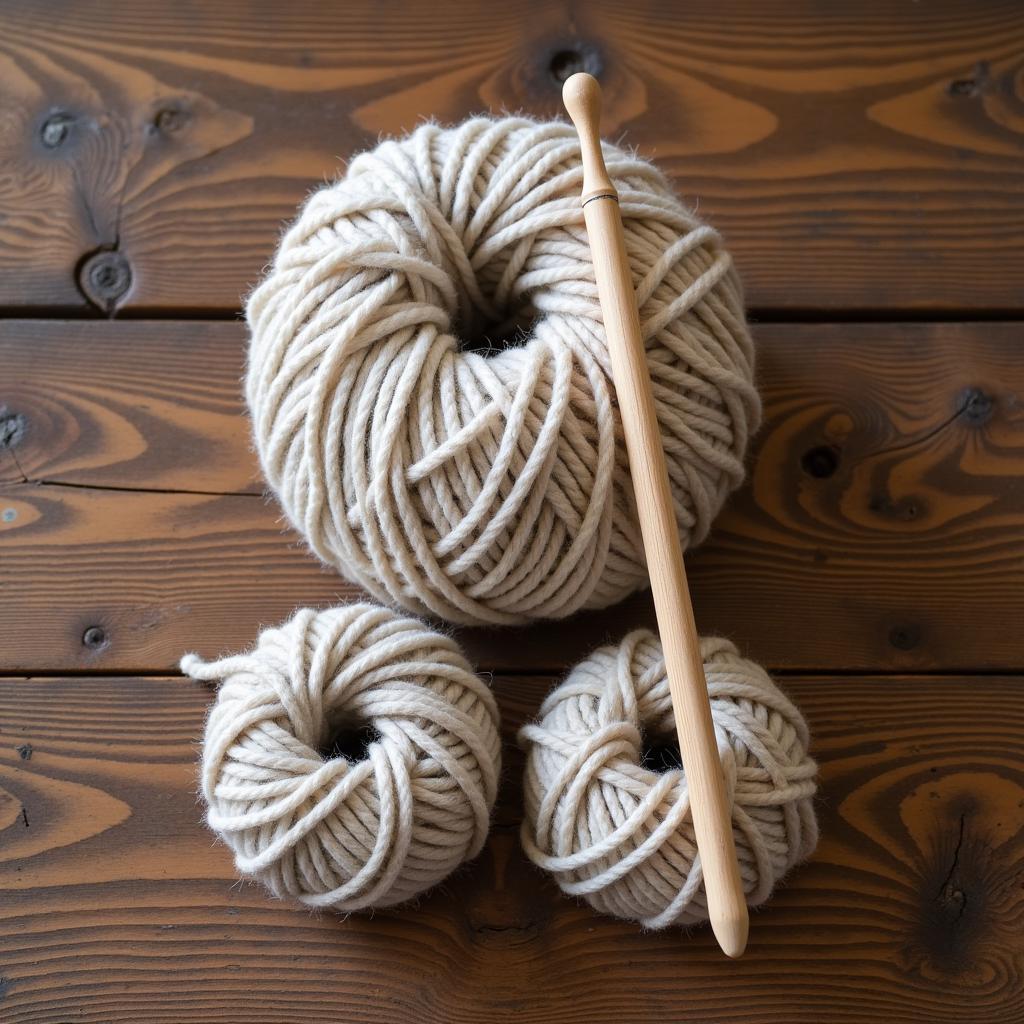 Knitting needles and yarn arranged on a wooden table, ready for creating a hat