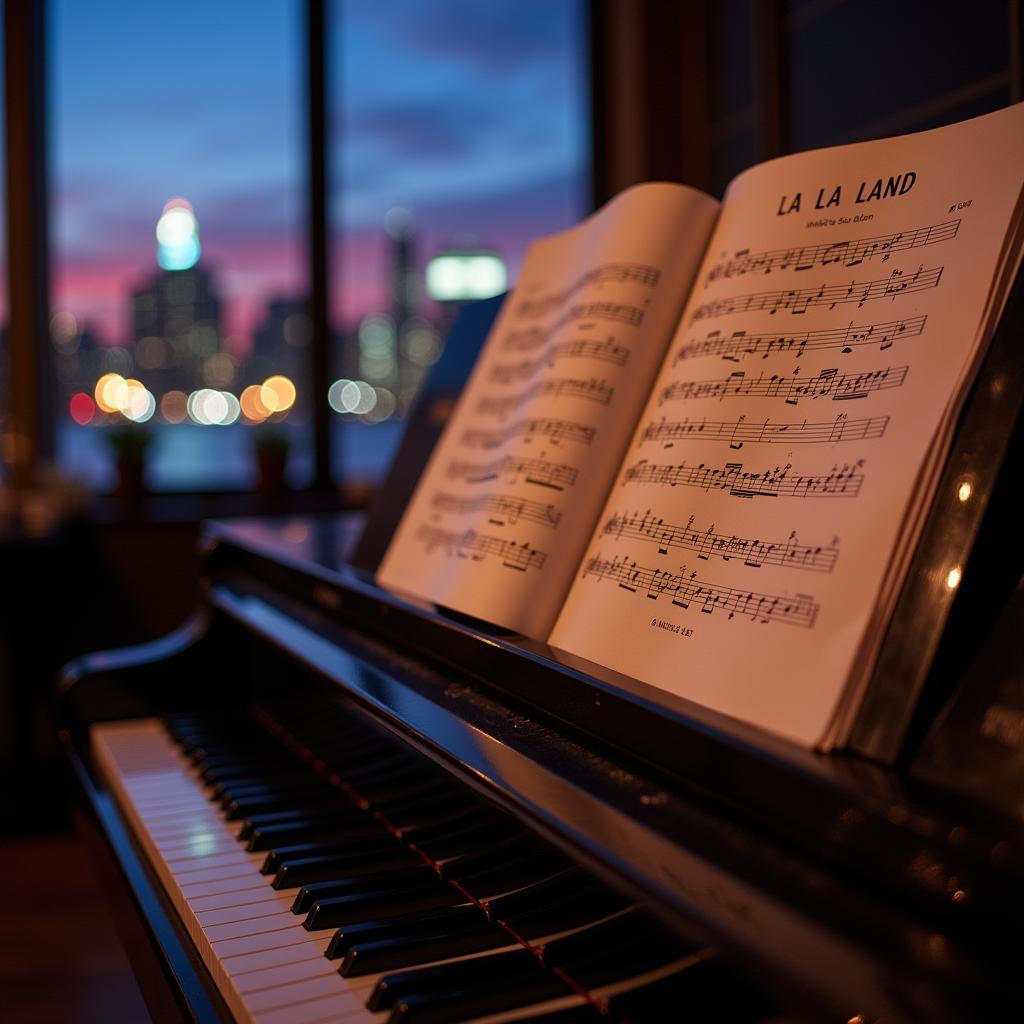 La La Land sheet music on a piano with a city skyline background