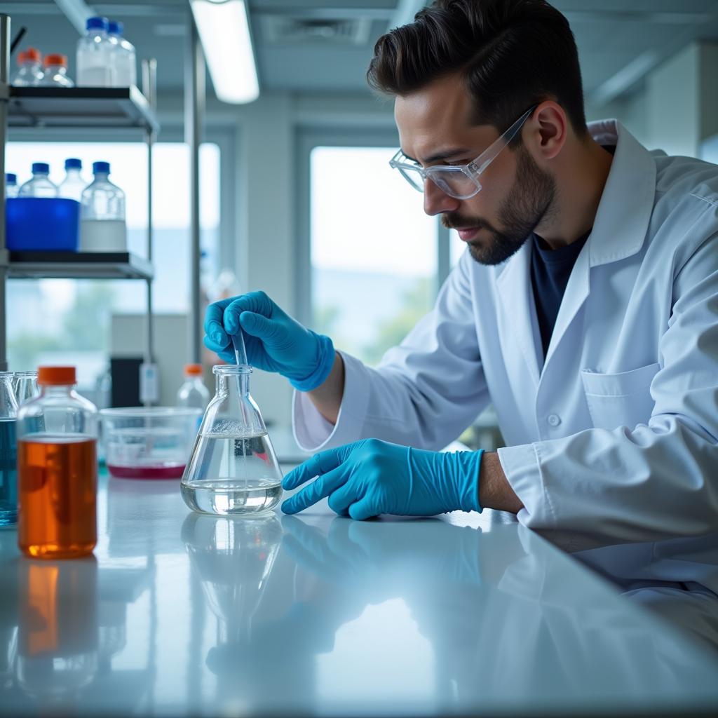 Scientist in a lab wearing free nitrile gloves while handling chemicals