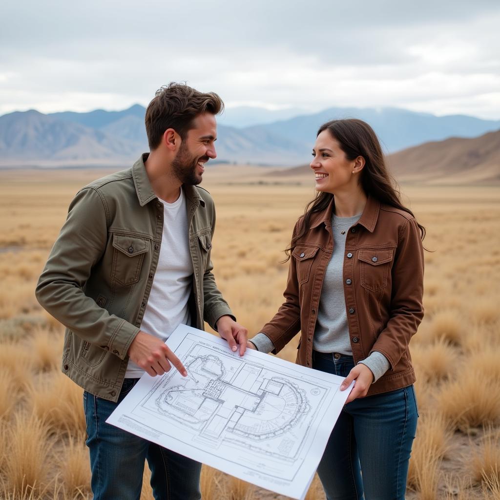 Couple reviewing blueprints on a rural property