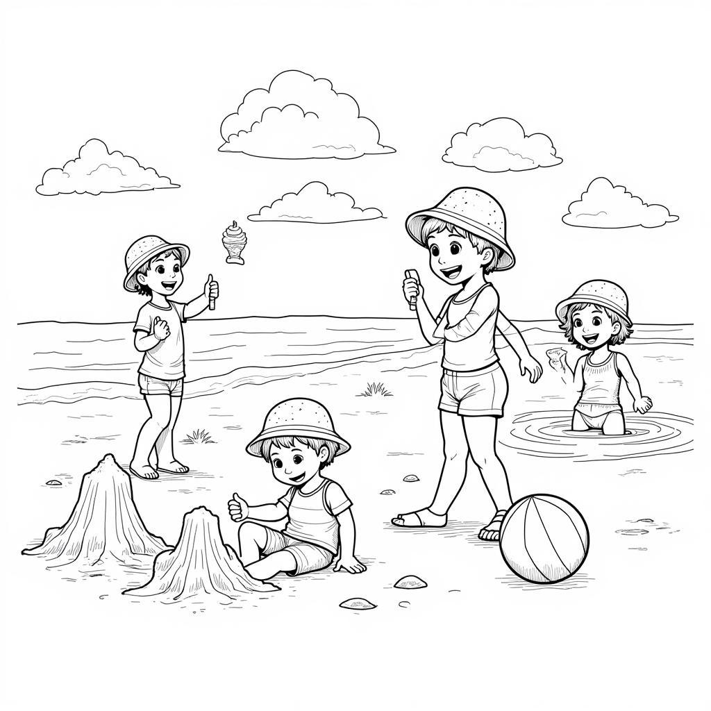 Children enjoying summer activities on a coloring page