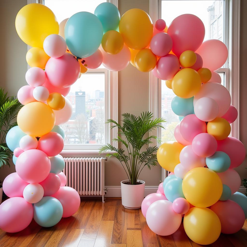 A room decorated with latex free balloons for a birthday party.