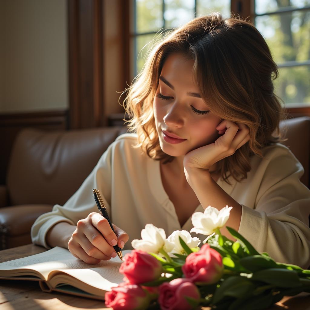 Woman writing in journal with soft lighting and flowers