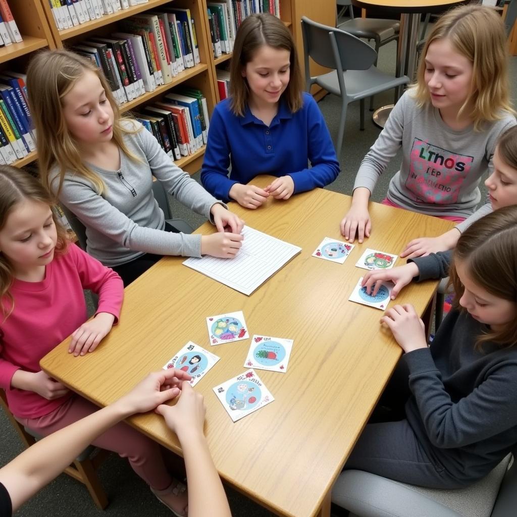 Children engaged in imaginative play using their printable library cards for various games.