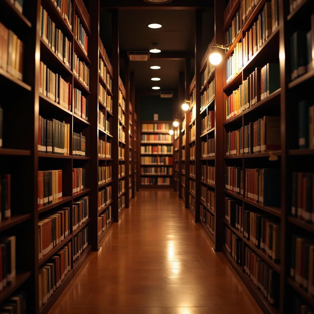 Library stacks with warm light