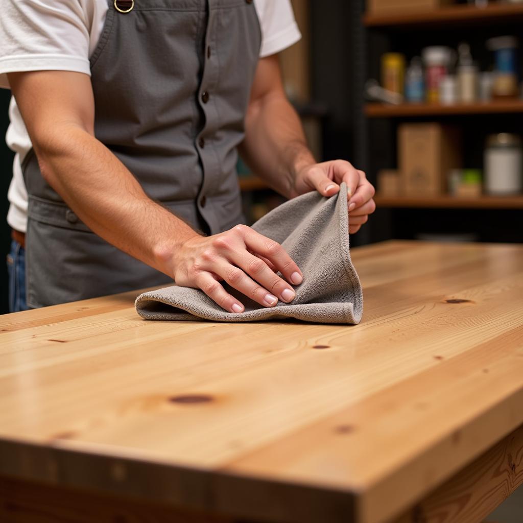 Woodworker using lint free towels on furniture