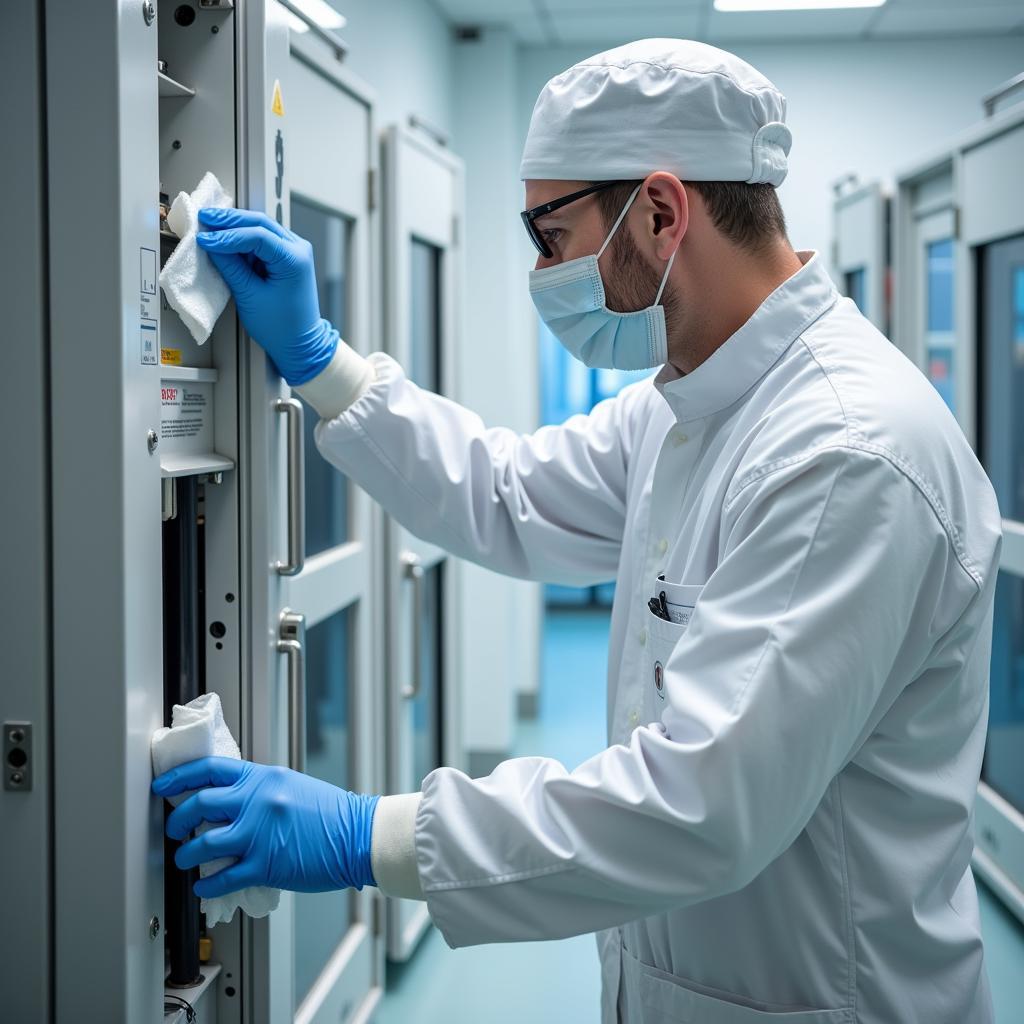 Technician using lint free wipes in a clean room