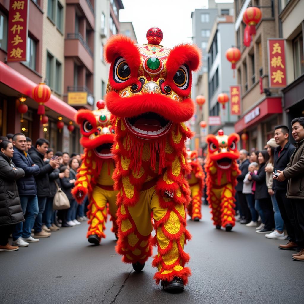 Lively Lion Dance Performance on a City Street