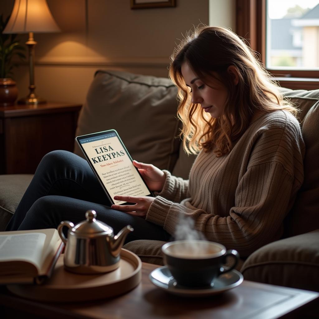 Woman reading Lisa Kleypas on a tablet