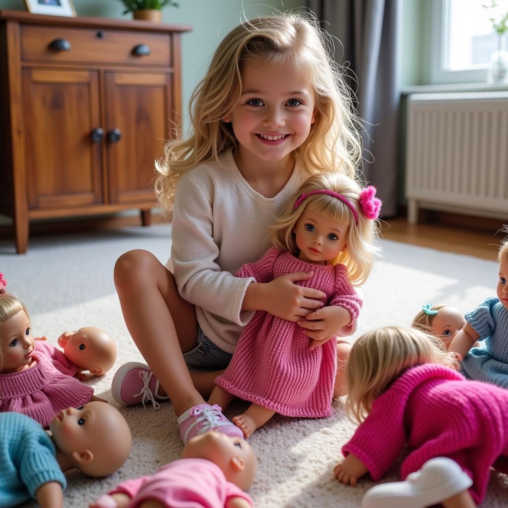 Girl Playing with Barbie Wearing Knitted Clothes