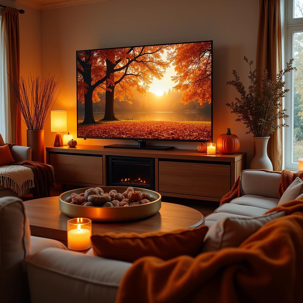 Cozy living room featuring fall frame TV art