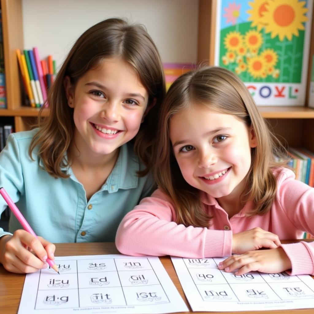 Children working on long vowel worksheets