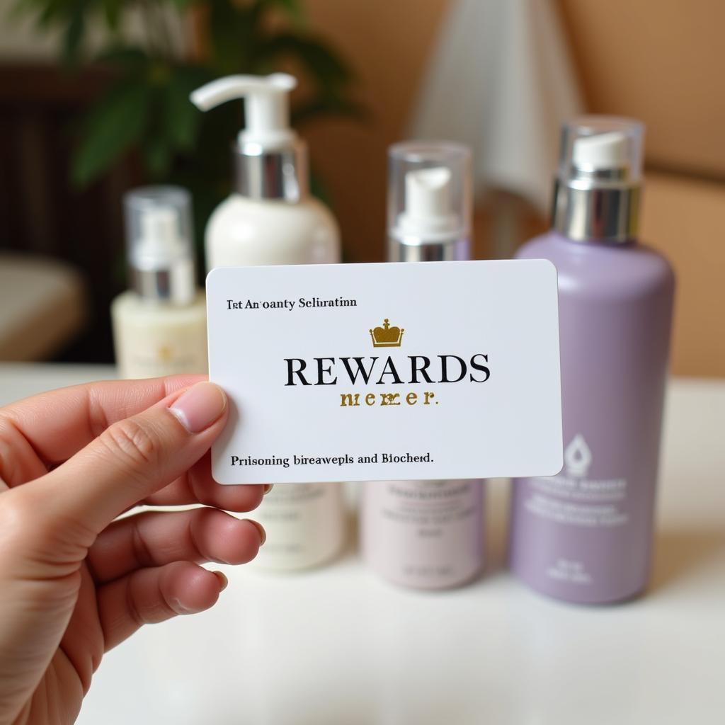 A hand holding a loyalty card with free hair products in the background