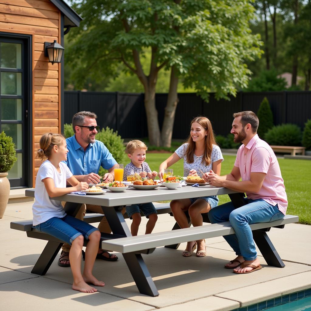 Family enjoying a meal on a maintenance-free picnic table