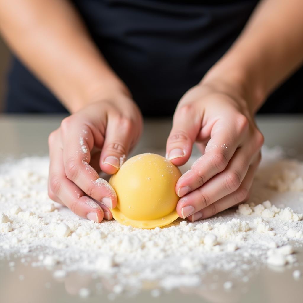 Hands kneading gluten-free ravioli dough on a floured surface