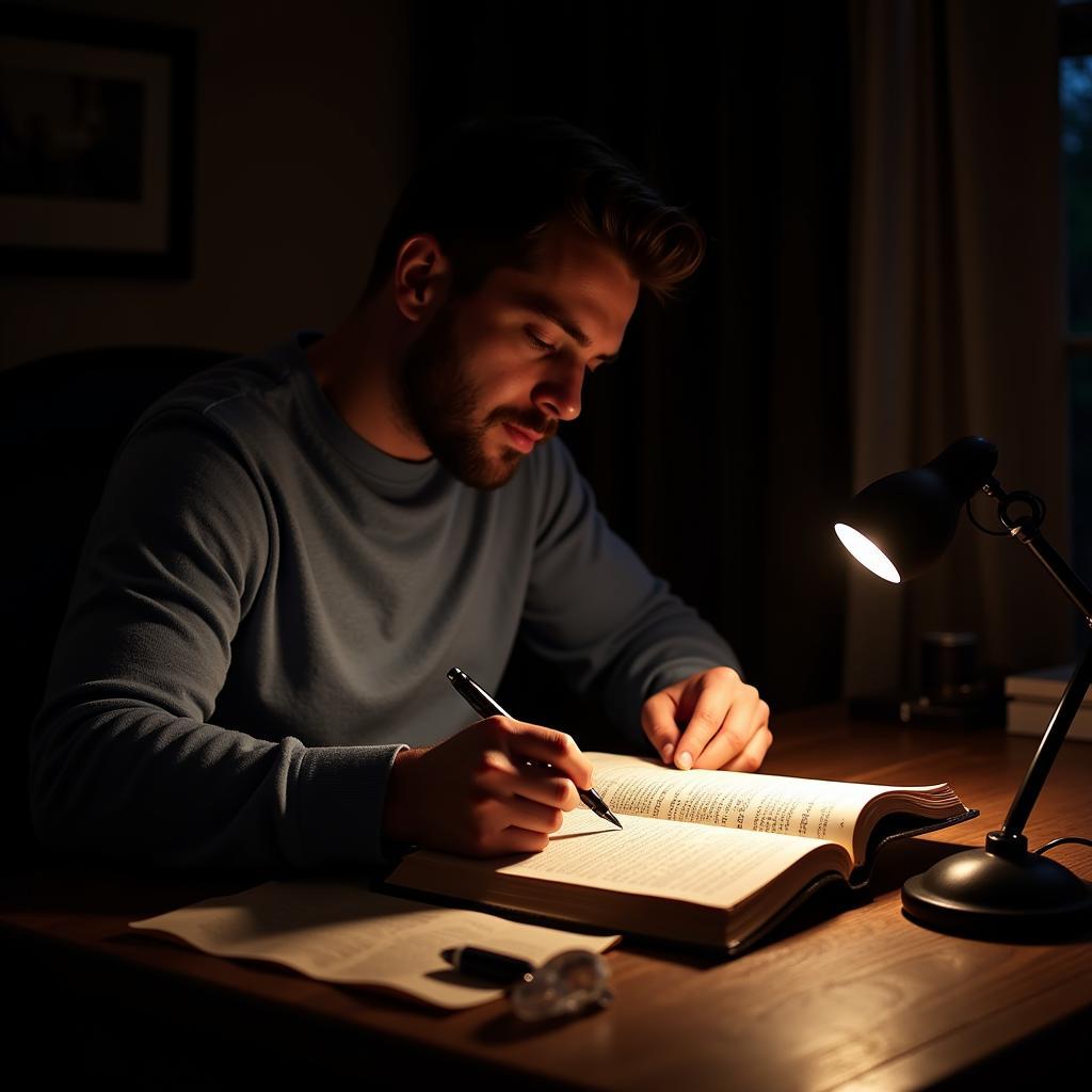 Man highlighting a passage in a printed daily devotional