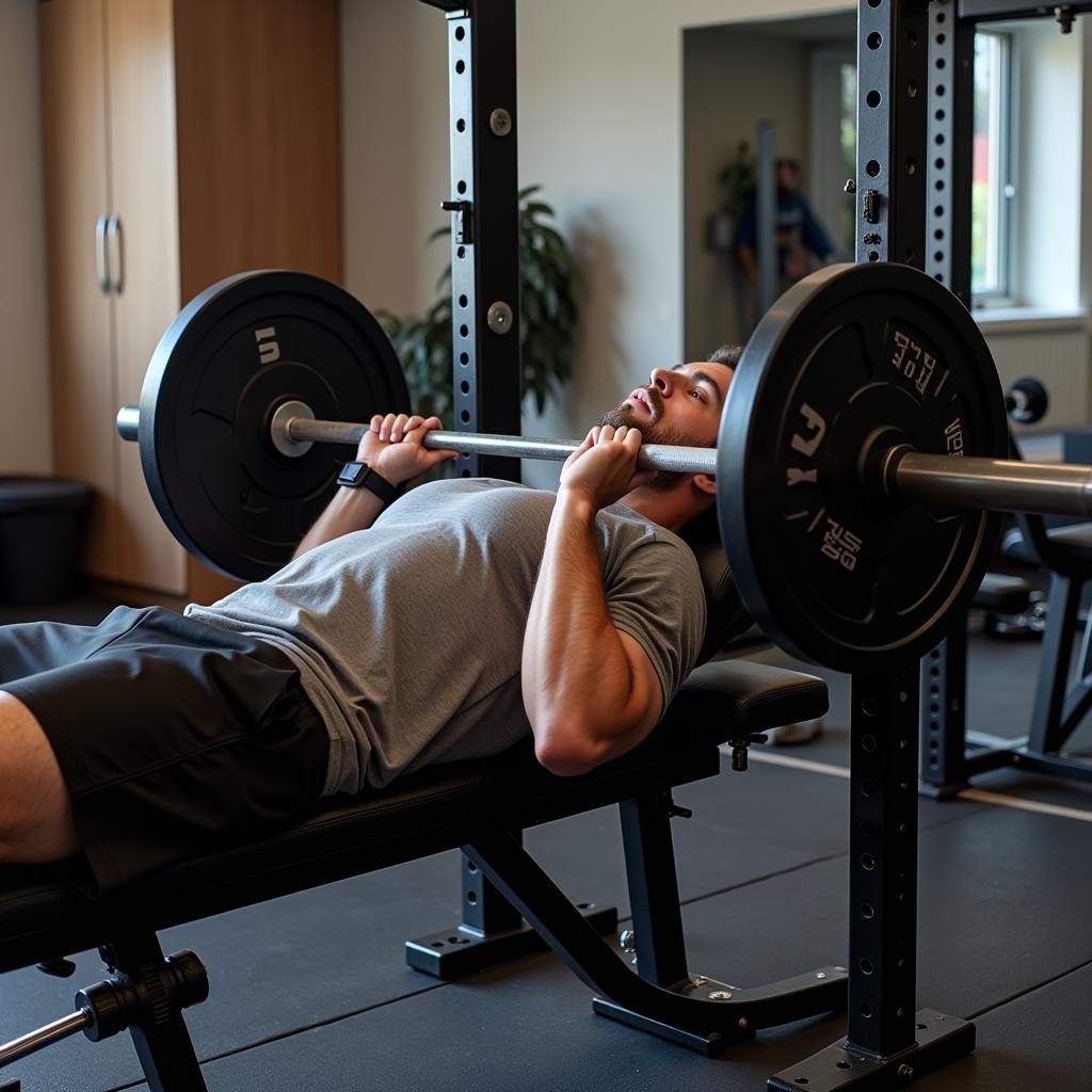 Man performing a bench press with free weights and stand in his home gym.