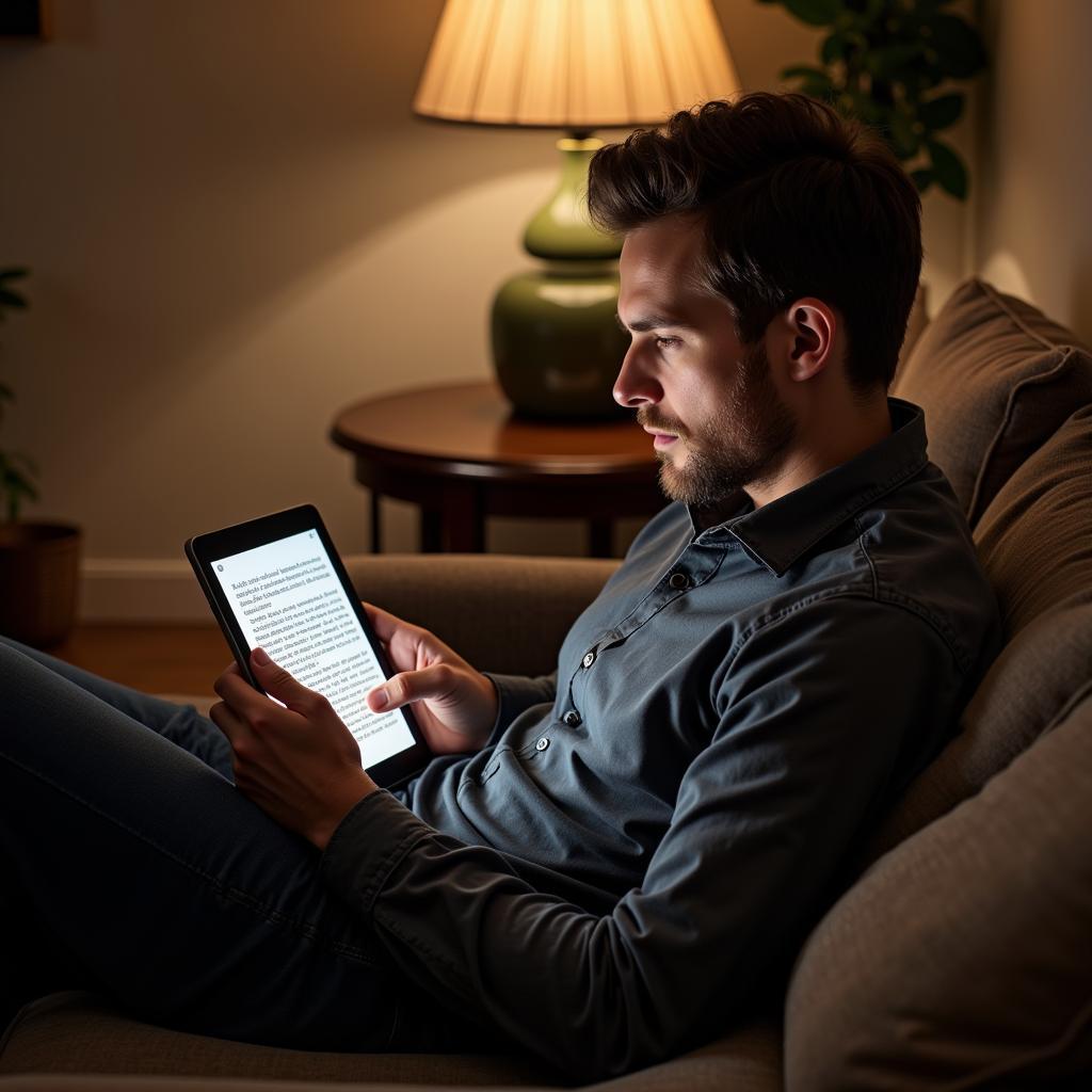 Man engrossed in reading a novel on his tablet, clearly captivated by the story.