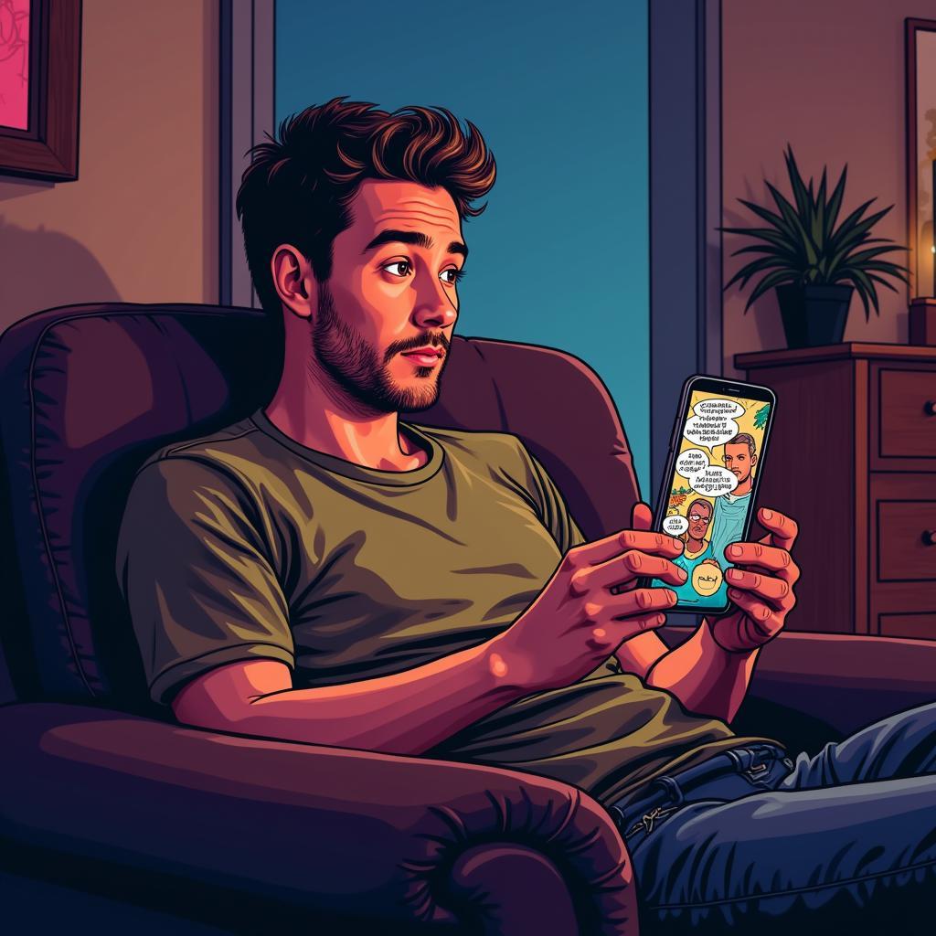 Man reading webcomics on phone